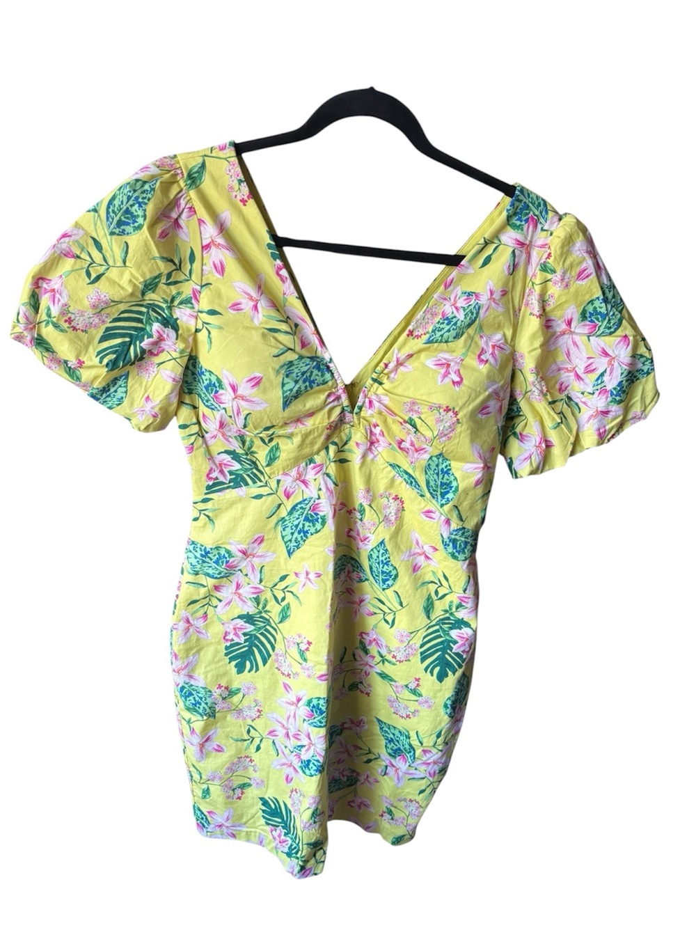 Guess Yellow Tropical Floral Bodycon Mini Dress Puff Sleeves Boning Size 10 NWT
